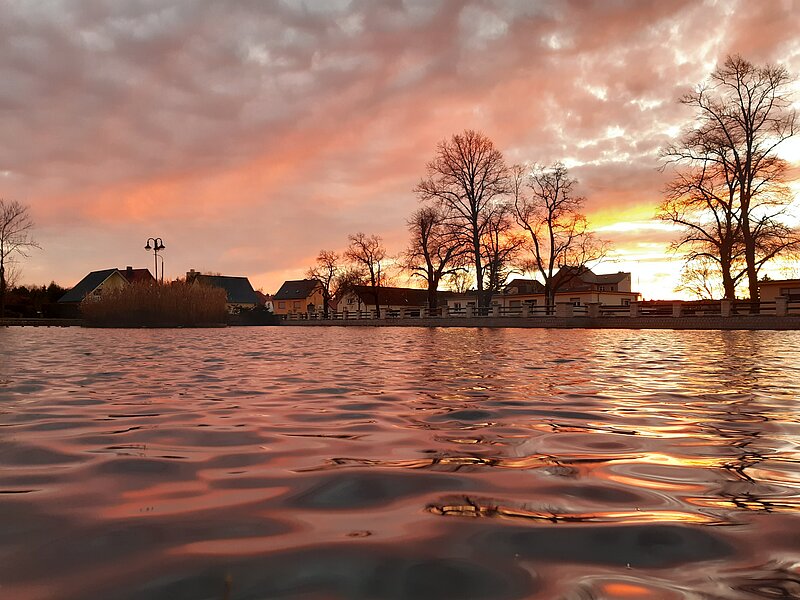 Vorstadtteich im Winter beim Sonnenuntergang. Das Abendrot spiegelt sich im Wasser bei leichtem Wellengang.