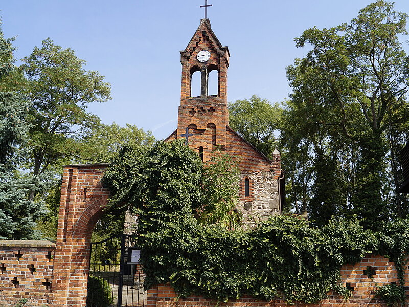 Man kann die Kirche in Möhlau im Hintergrund sehen. Im Vordergrund sieht man eine Mauer, die von Sträuchern behangen ist.