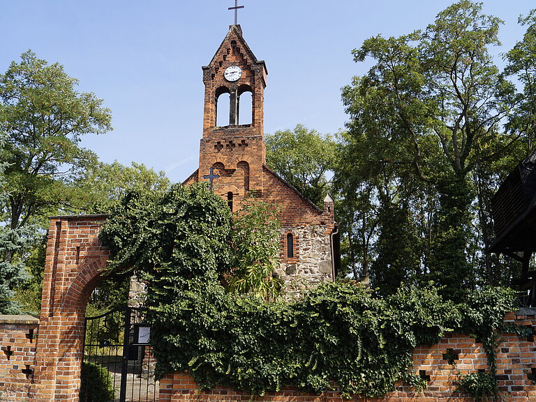 Man kann die Kirche in Möhlau im Hintergrund sehen. Im Vordergrund sieht man eine Mauer, die von Sträuchern behangen ist.