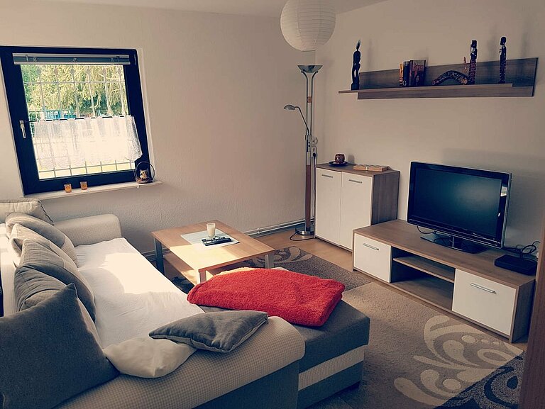 Wohnzimmer mit Couch und TV