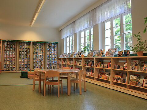 Bücherregale der Kinderecke mit großem Rundtisch und Stühlen. 